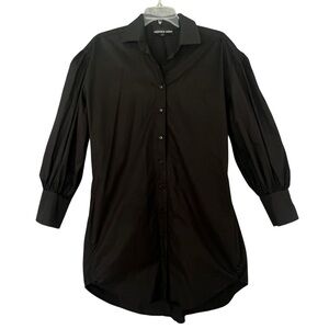 MONICA NERA Long Sleeve Poplin Button Front Shirt Dress Pockets Black Size Small